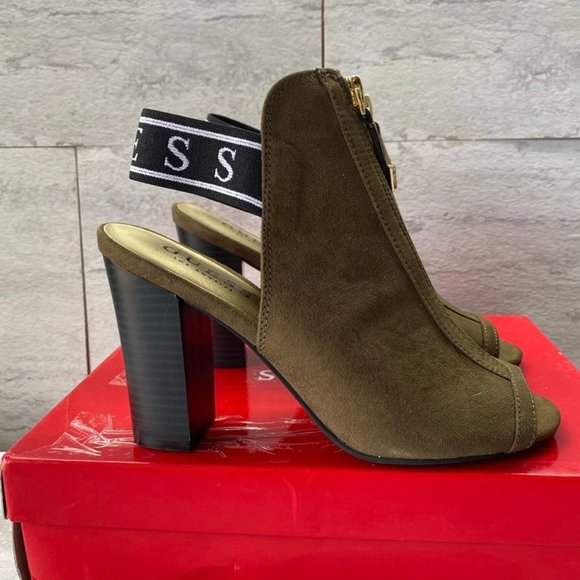 Guess Suede Peep Toe Heeled Booties Olive Green - Picture 4 of 6
